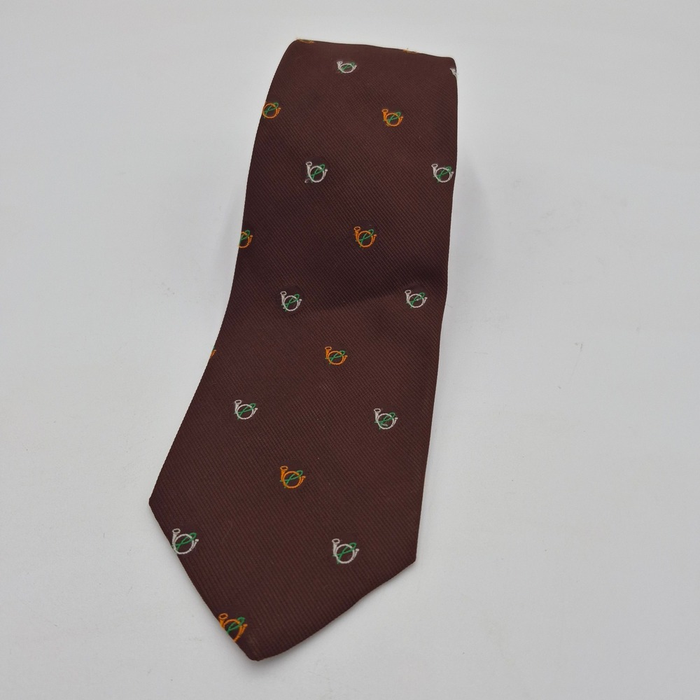 Manhattan Mens Brown Hunting Horn Embroidered Ribbed Silk Blend Necktie 3.25in